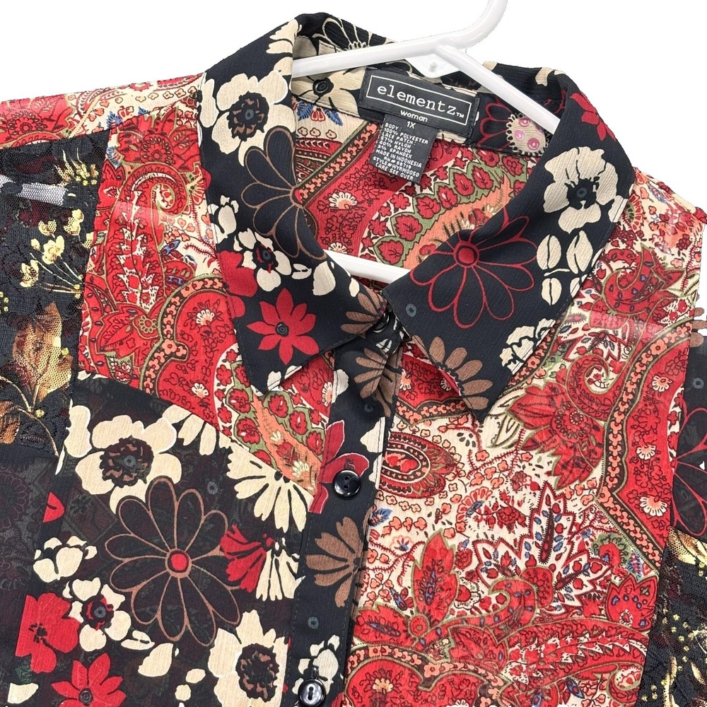 Elementz Shirt Womens 1X Red Black Patchwork Sheer Lace Floral Paisley Whimsical